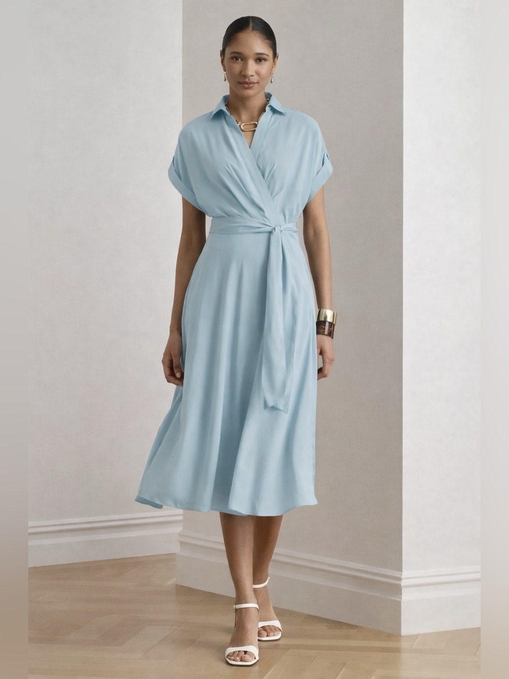Lauren Ralph Lauren Belted Crepe Surplice Neck Midi Dress in Light Blue Size 8